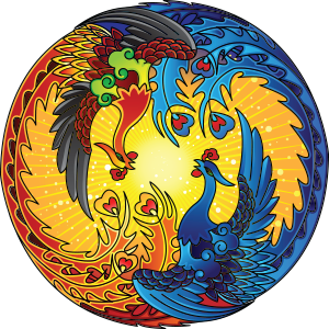 a blue bird and a red bird in a circle